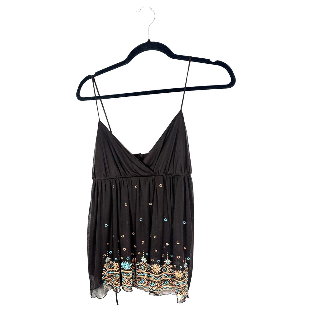 OBE Y2K Brown Mesh Floral Dot Tie Bust Flowy Babydoll Top Size Large